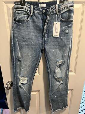 Artemis Vintage High Rise The Ankle Slim Straight Distressed Paint Splatter Jean